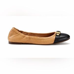 Coach Delphine Tan/ Black Leather Cap Toe Ballet Flats Signature Buckle 6B